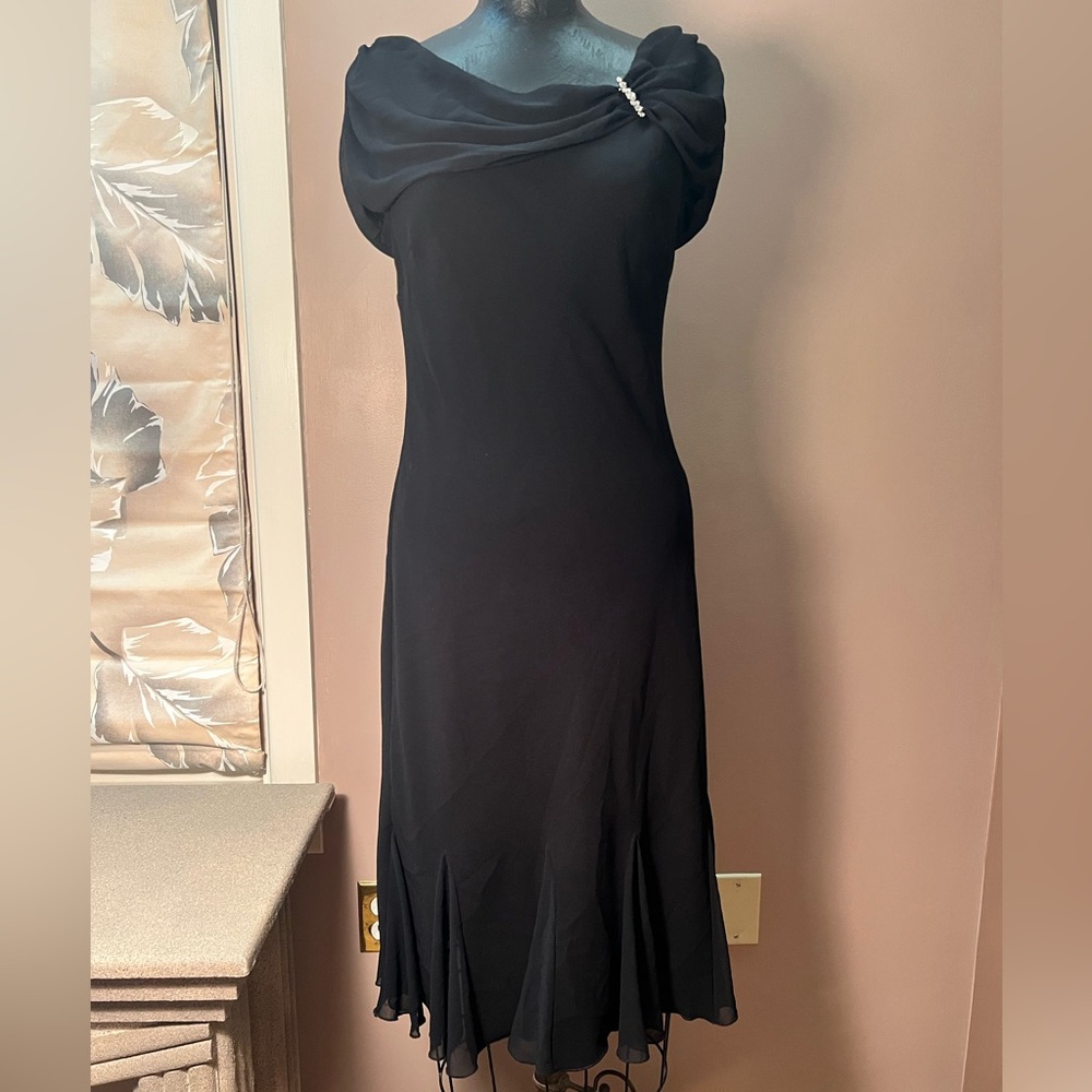 S.L. fashions Black Chiffon Bling Draped Cocktail Dress Handkerchief Hem Size 8